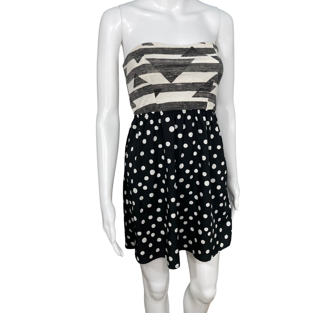 Roxy Small Strapless Mini Dress Black White Polka Dot Aztec Summer Beach Dress
